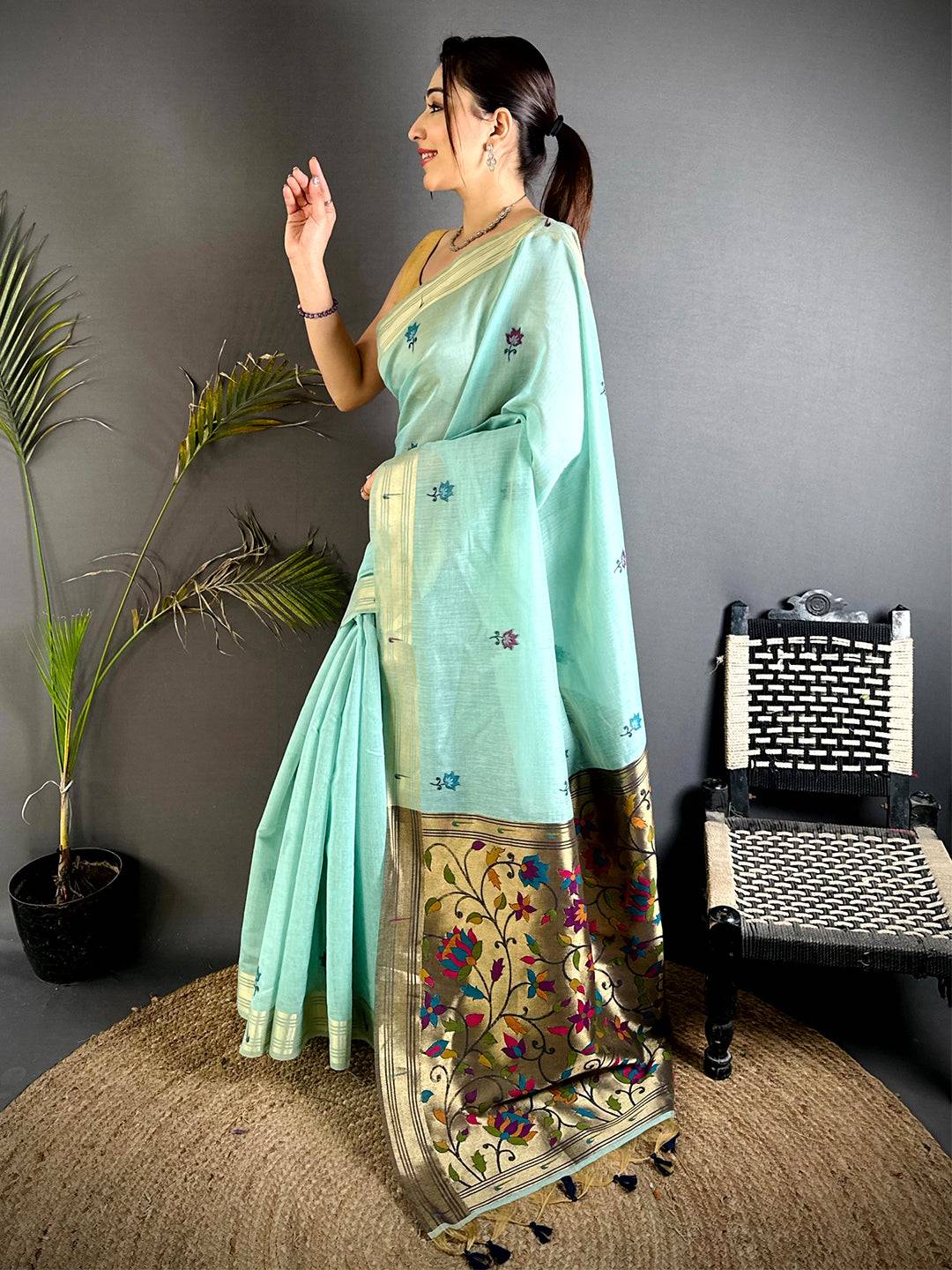 Regal Minakari Butti Khadi Linen Saree