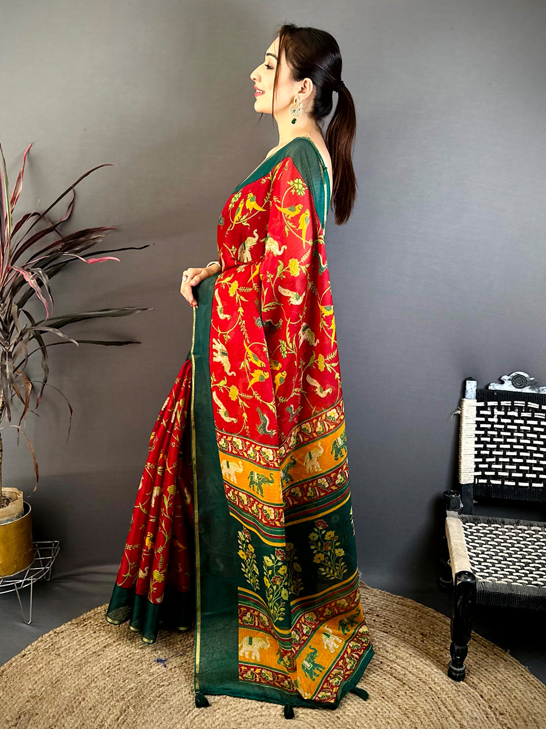Red Kota Doriya Block Print Saree