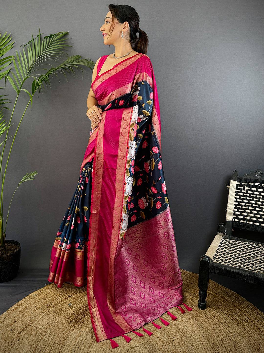 Navy Pichwai Print Banarasi Silk Saree