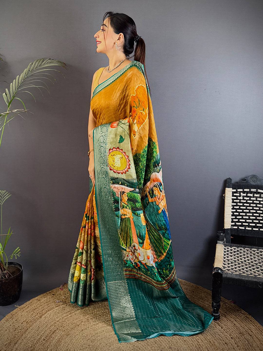 Mustard Viscose Pichwai Print Saree