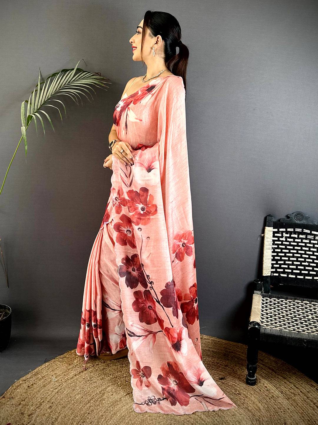 Pink Chinnon Swarovski Floral Saree