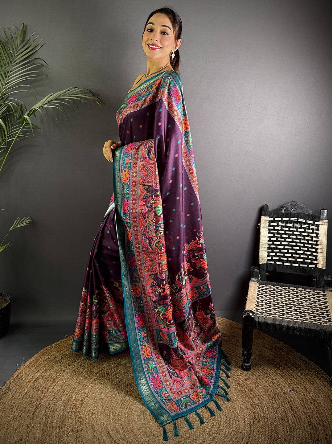 Wine Soft Silk Pashmina Kashmiri Print Saree