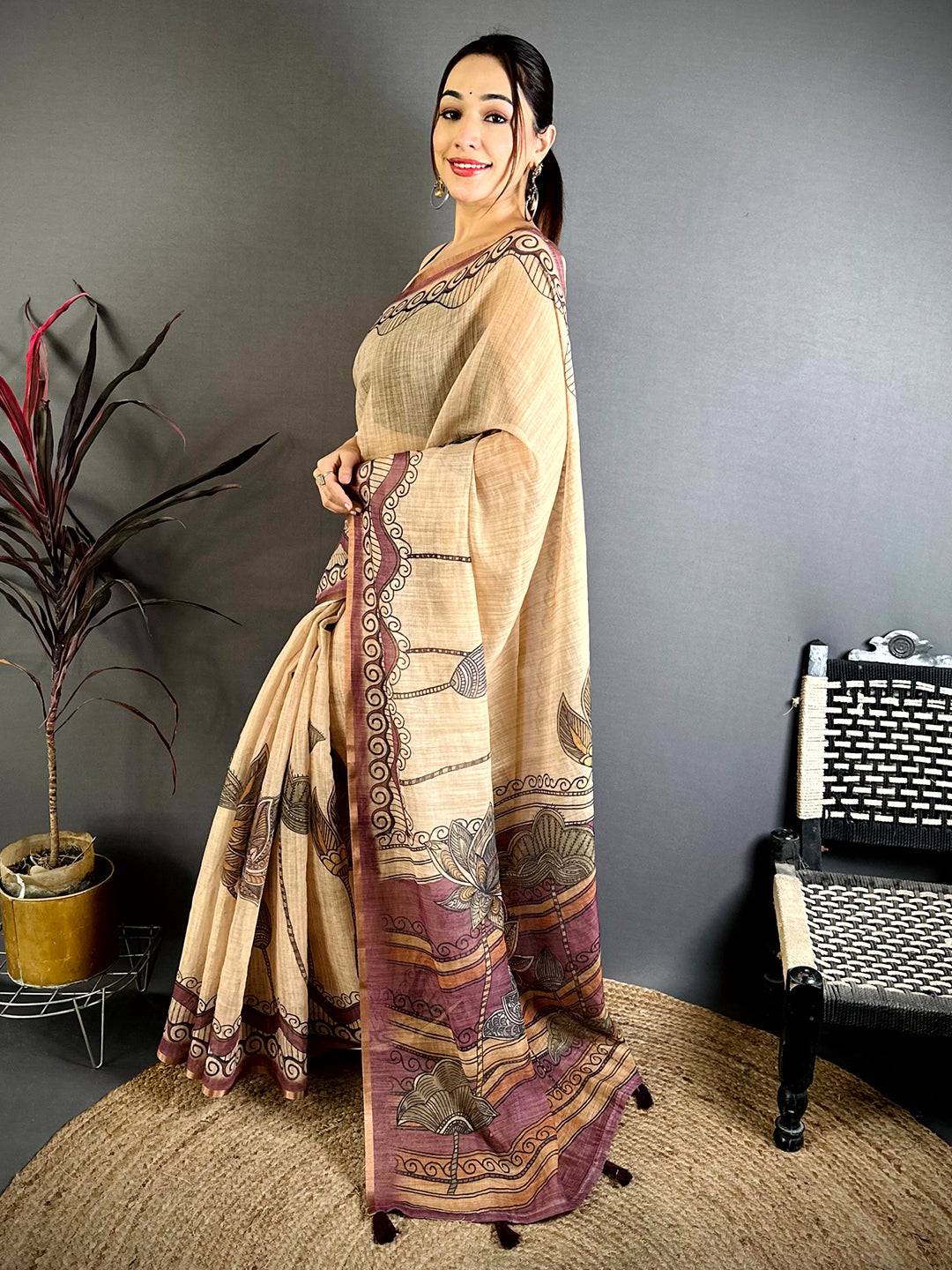 Classic Freehand Kalamkari Linen Saree