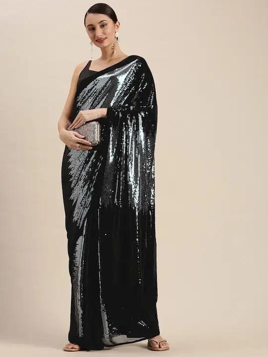 Grey Colour Poly Georgette Sequinned Work Saree