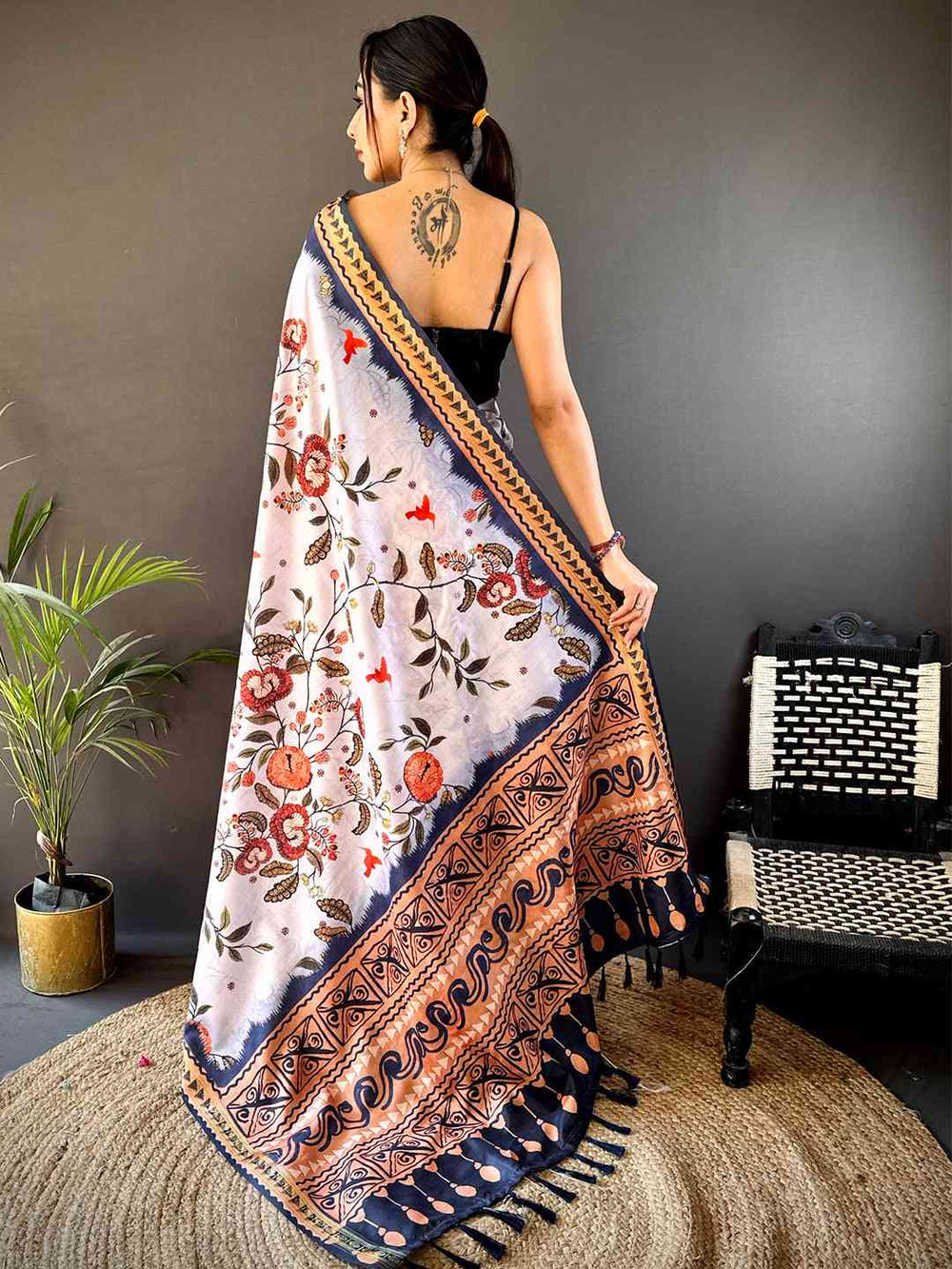 Off White Soft Silk Floral Saree Online in India