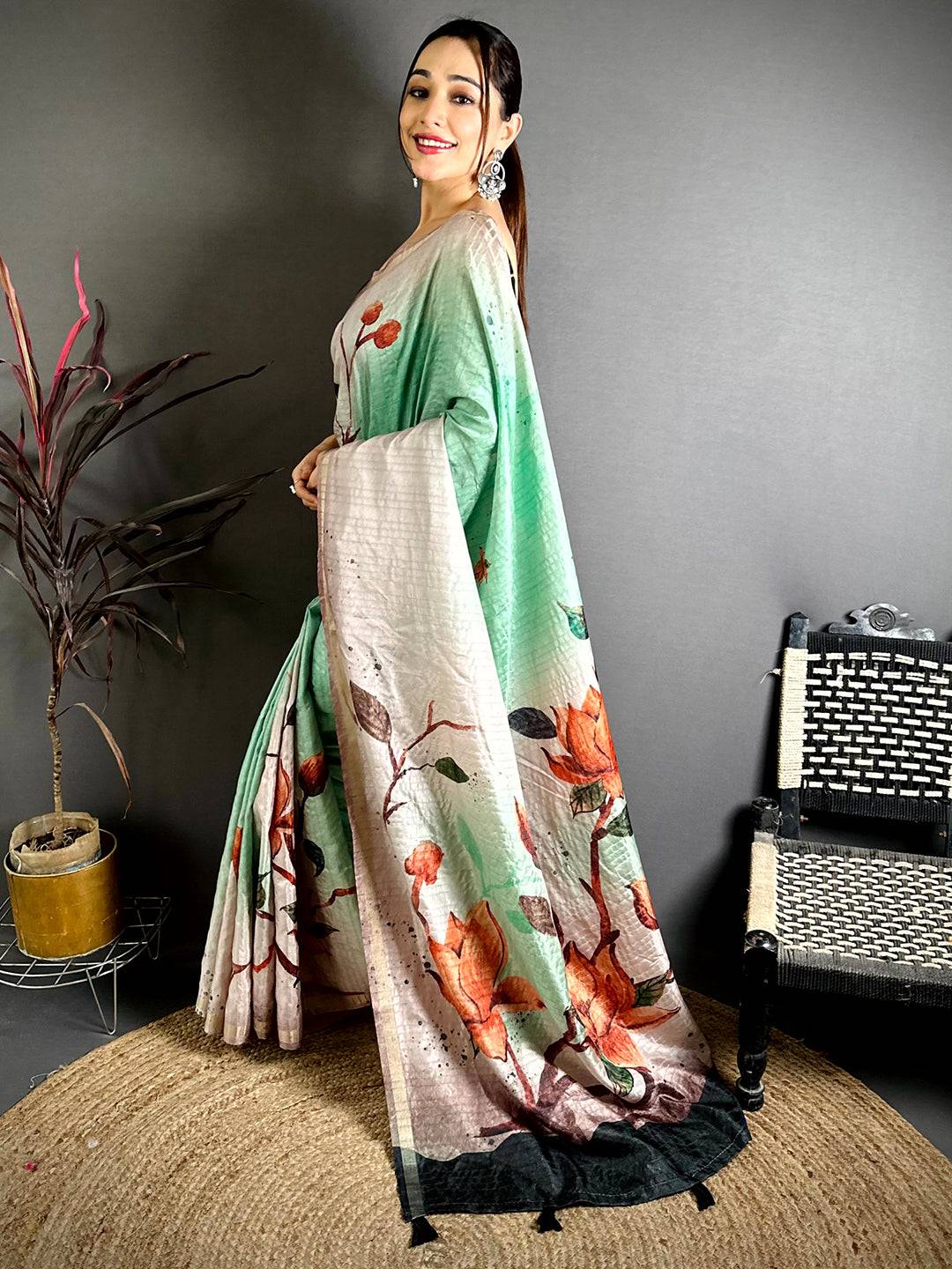 Pastel Green Ghicha Tussar Floral Saree