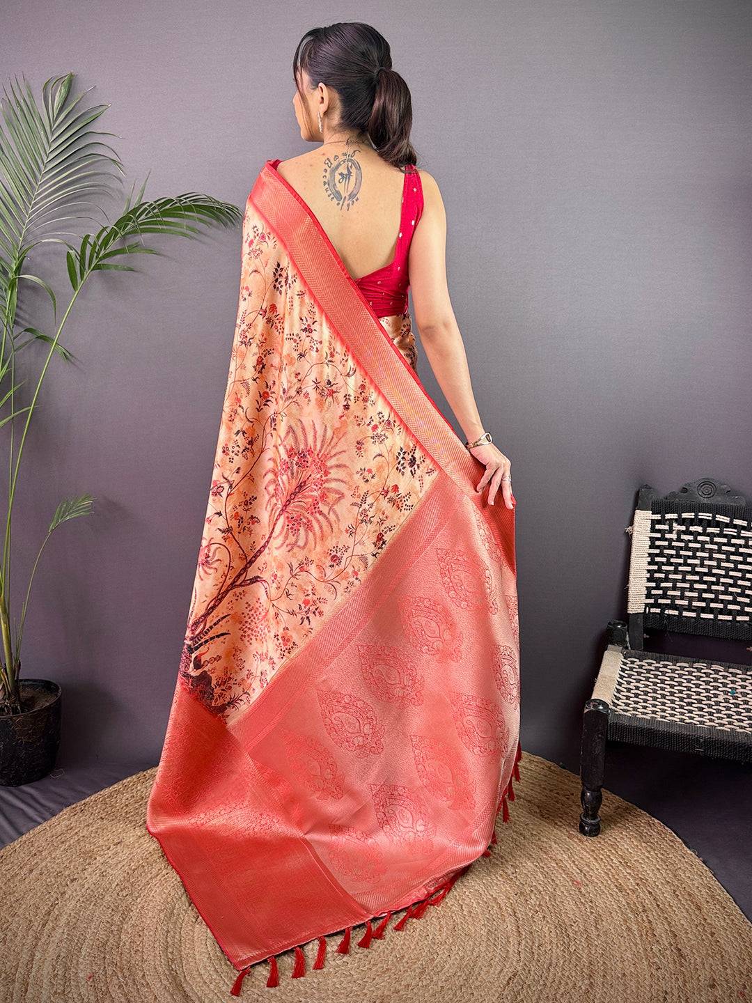 Peach Cherry Satin Kalamkari Saree