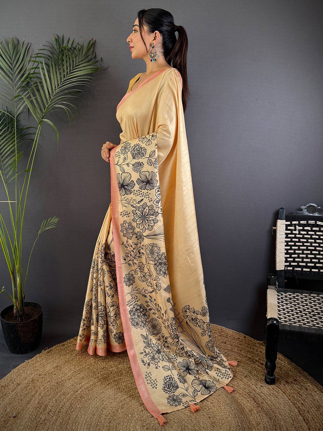 Yellow Tussar Ghicha Silk Saree
