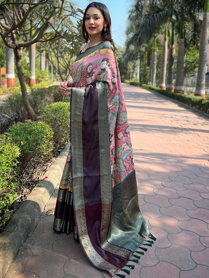 Pink Colour Double Border Chex Weaving Banarasi Soft Silk Saree