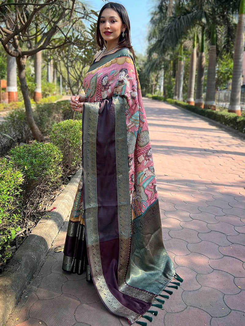 Pink Banarasi Soft Silk Kalamkari Print Saree with Zari Border