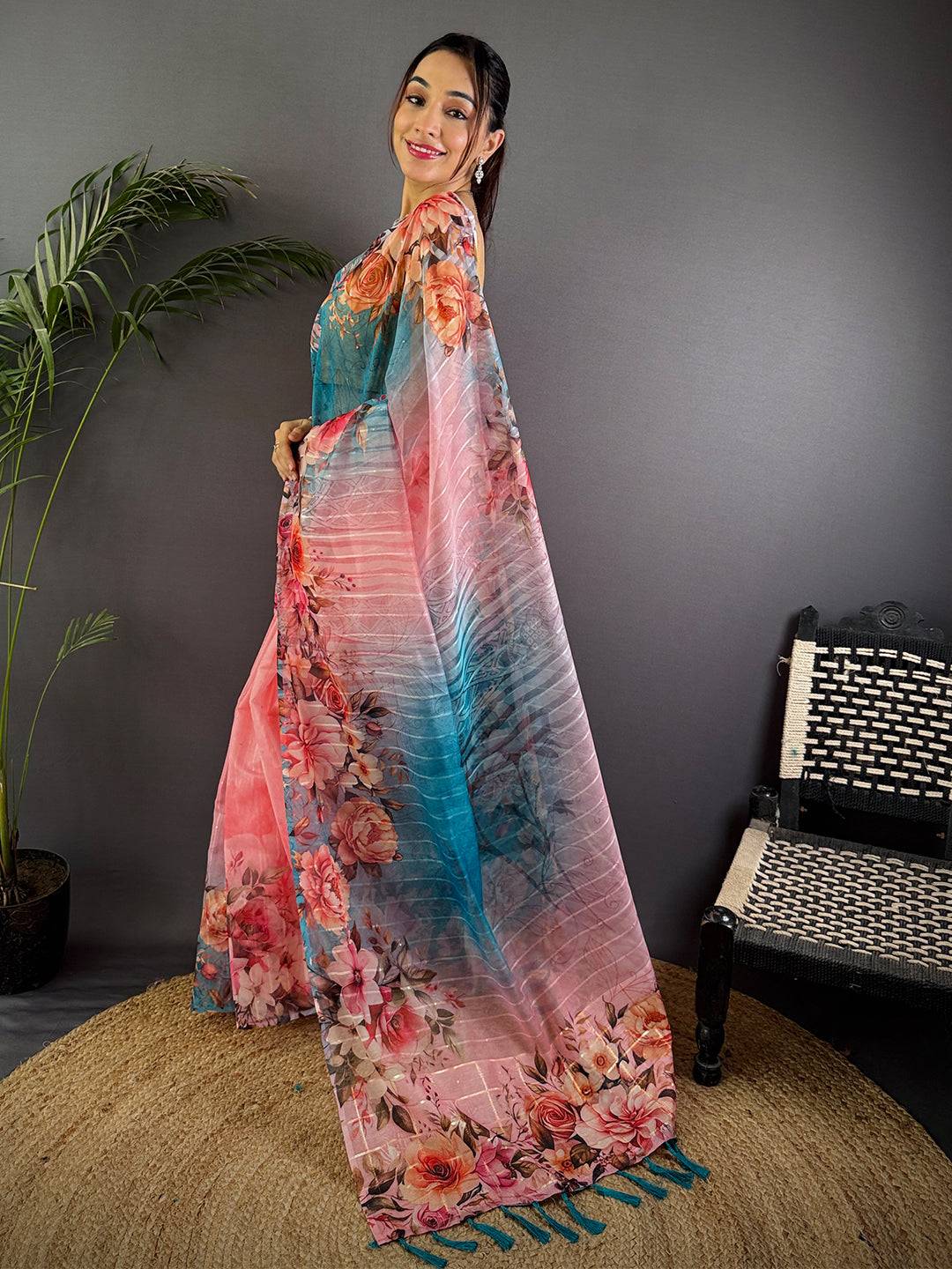 Light Pink Soft Organza Digital Floral Saree