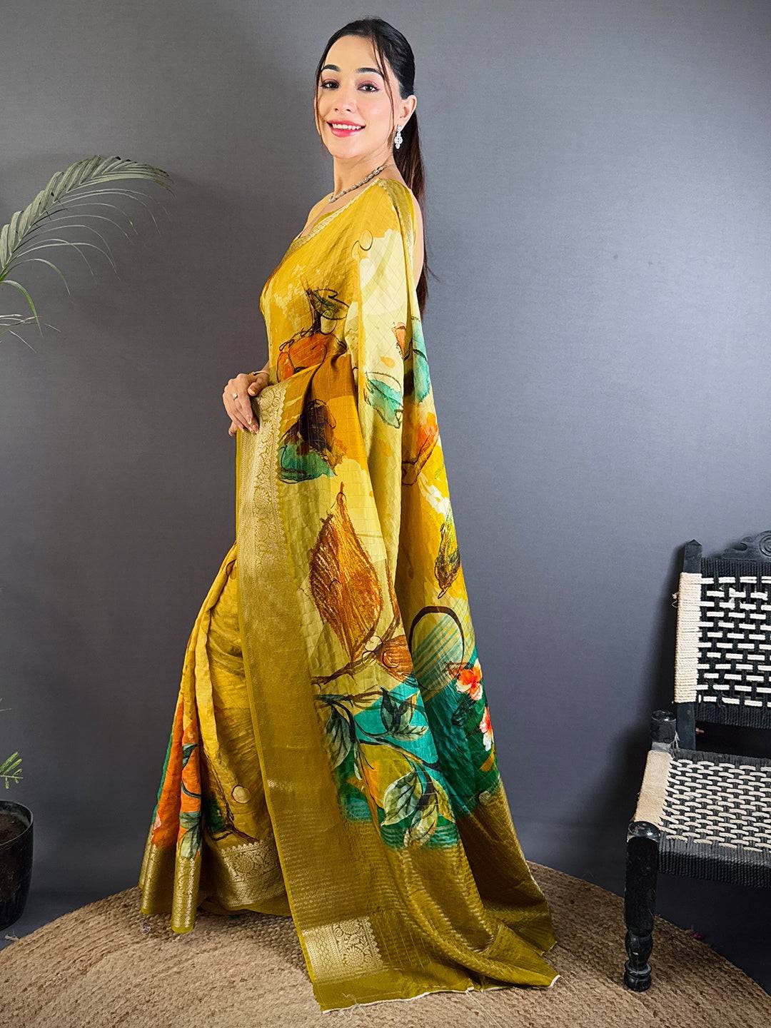 Elegant Mustard Yellow Floral Art Saree