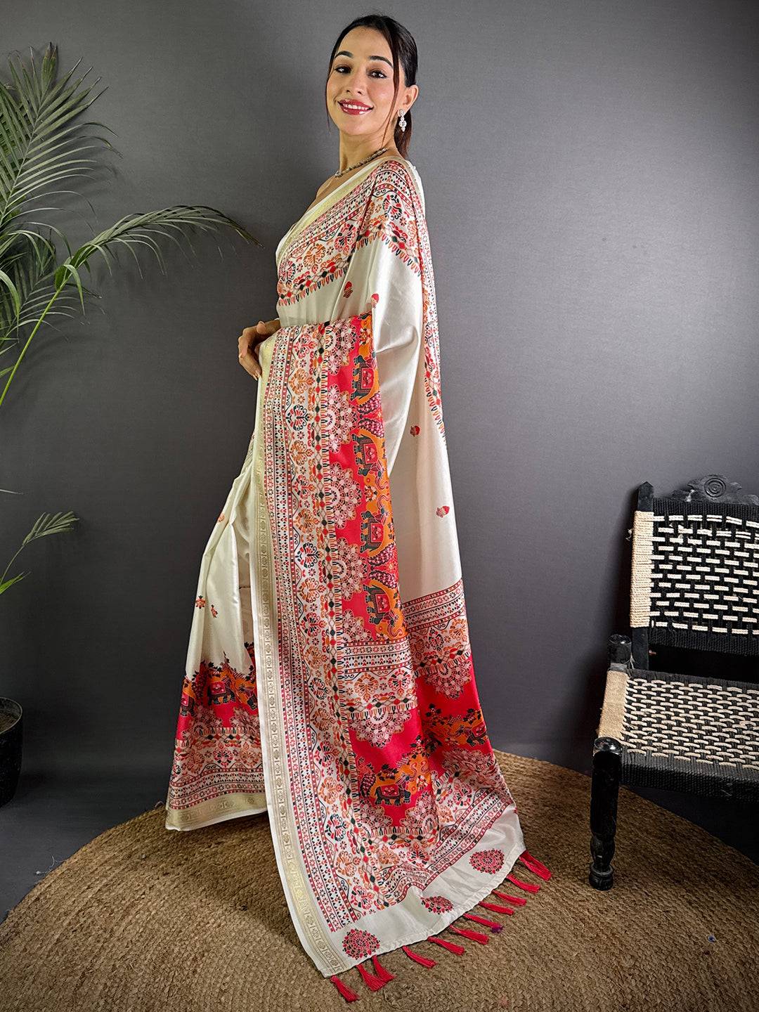 White Soft Silk Pashmina Kashmiri Print Saree
