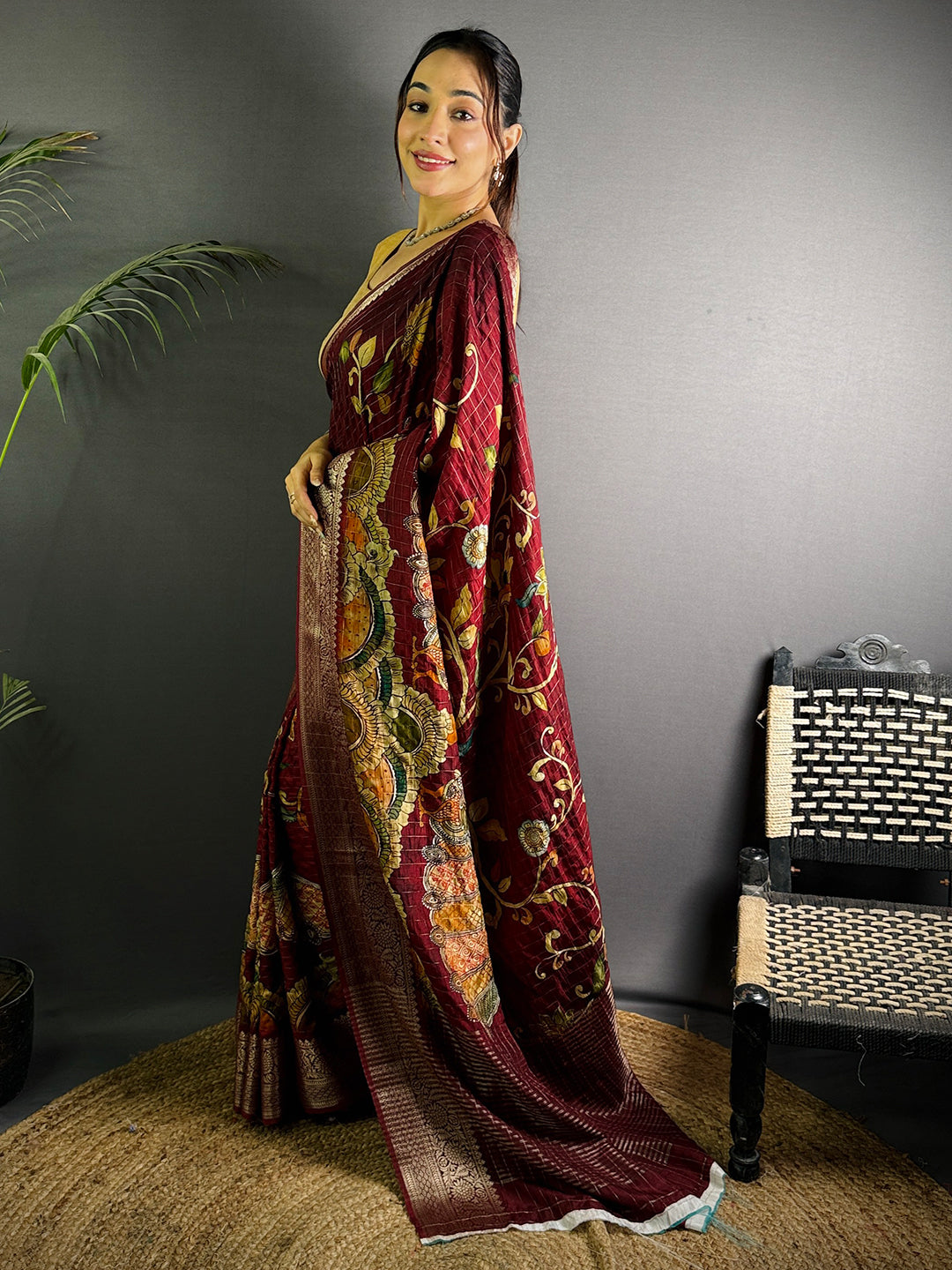 Deep Maroon Pure Viscose Kalalmkari Print Saree