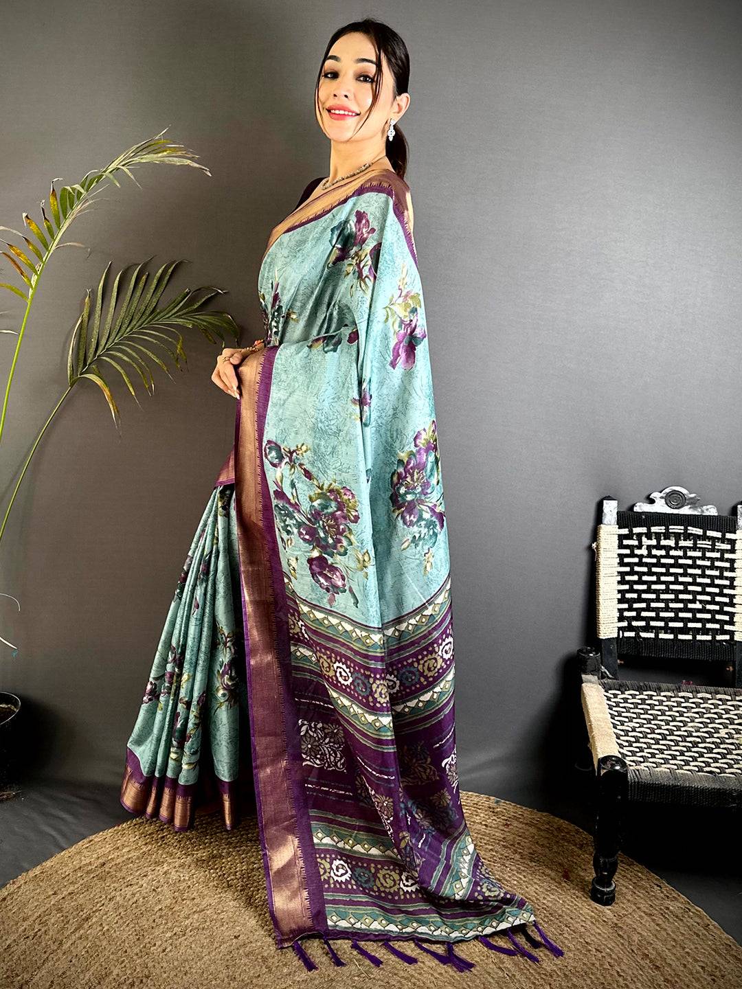 Stylish Sky Blue Floral Dola Silk Saree