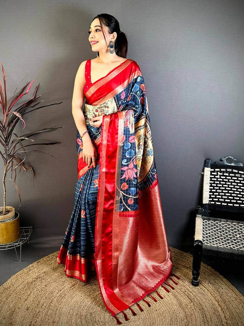 Navy Soft Silk Gadwal Kalamkari Saree