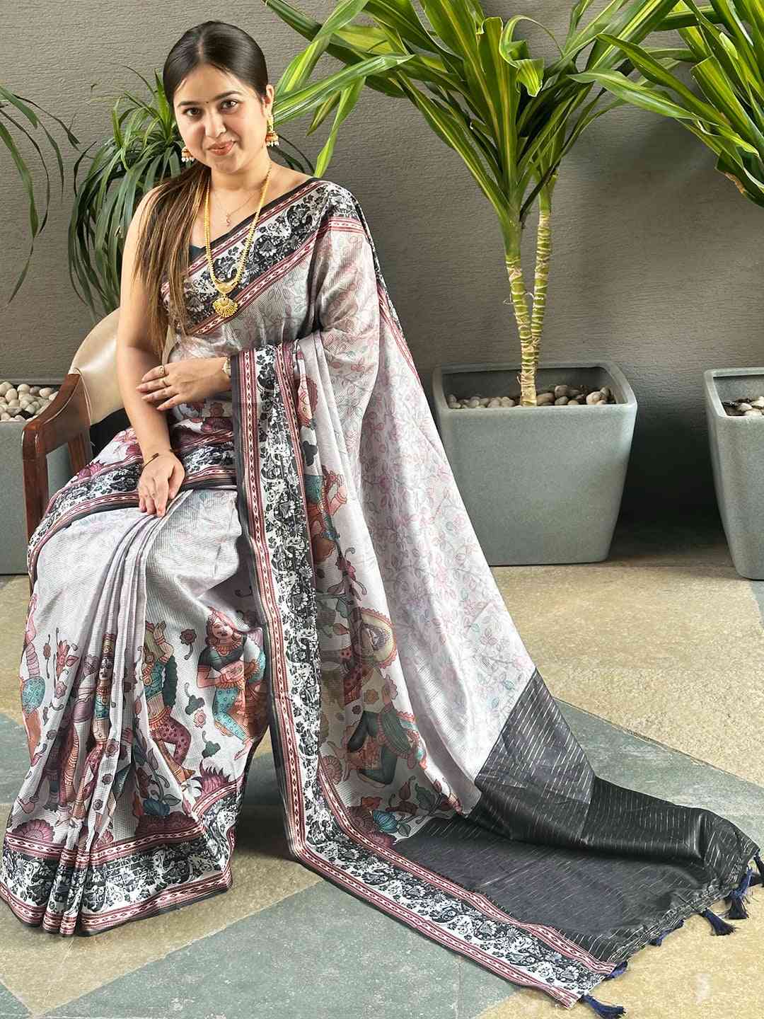 Grey Satin Kota Doria Kalamkari Saree with Zari Pallu