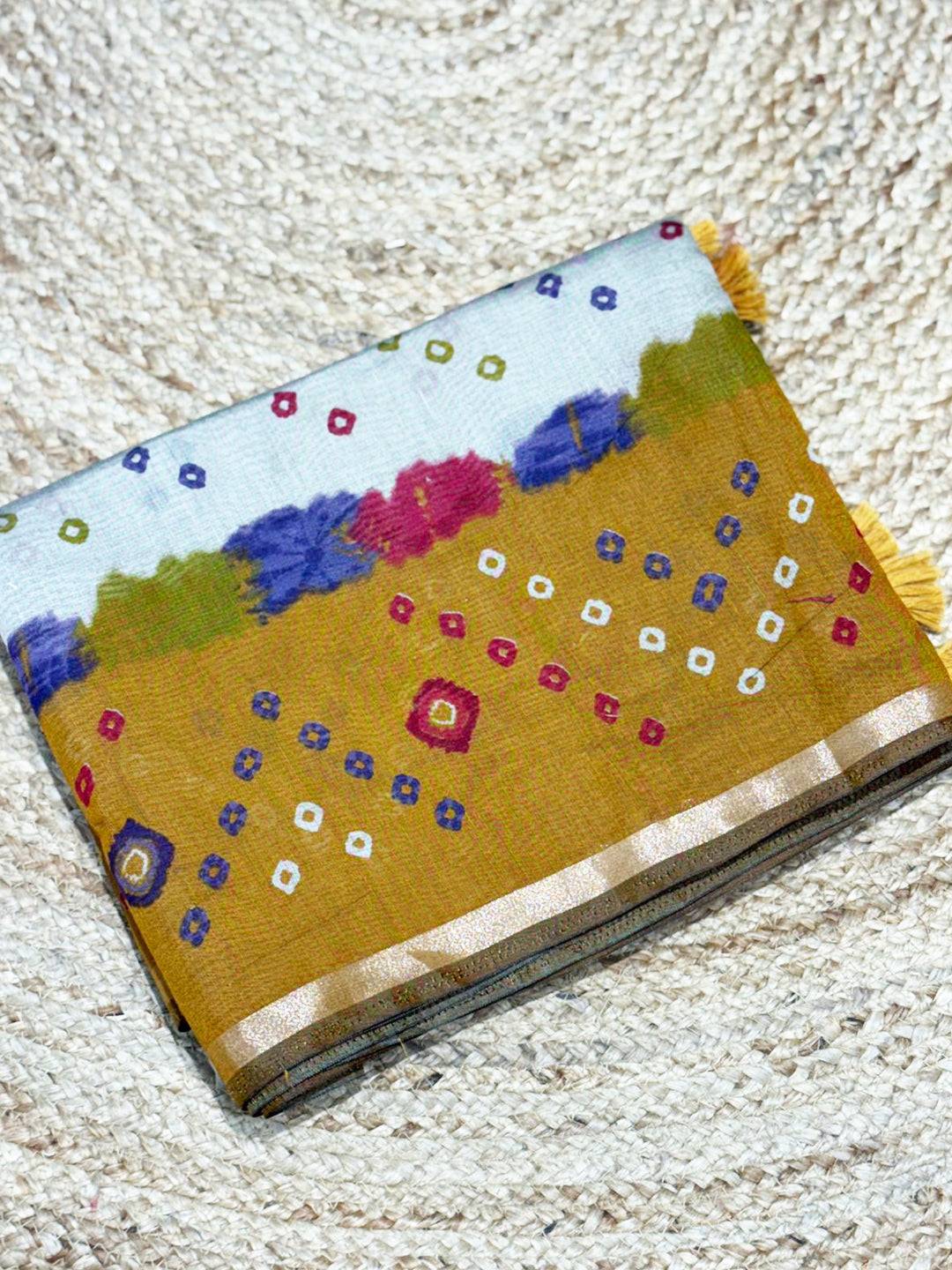 Yellow Mul Cotton Bandhej Print Saree