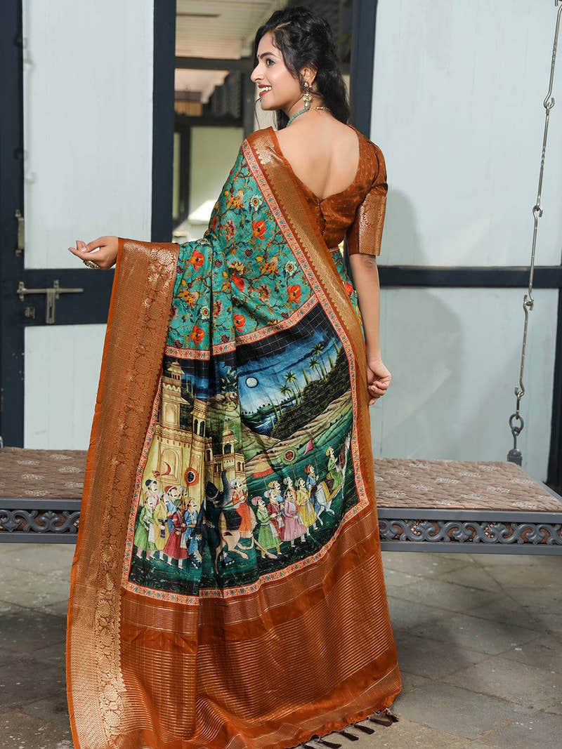 Turquoise Colour Viscose Dola Silk Saree With Mughal Motifs - Luxe