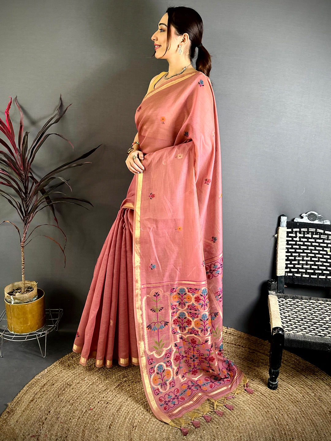 Rust Orange Minakari Khadi Cotton Saree