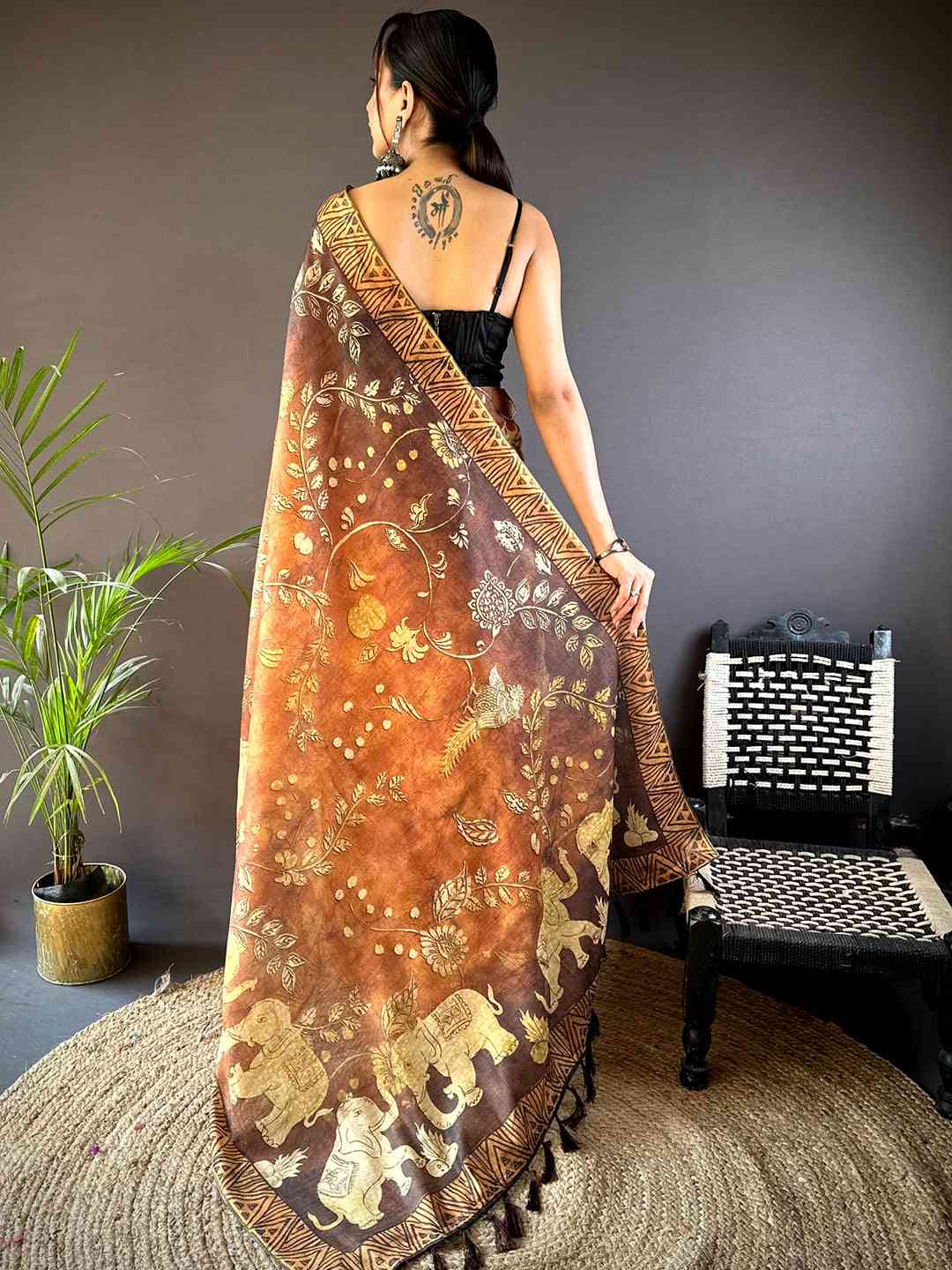 Mustard Kalamkari Block Print Chanderi Saree