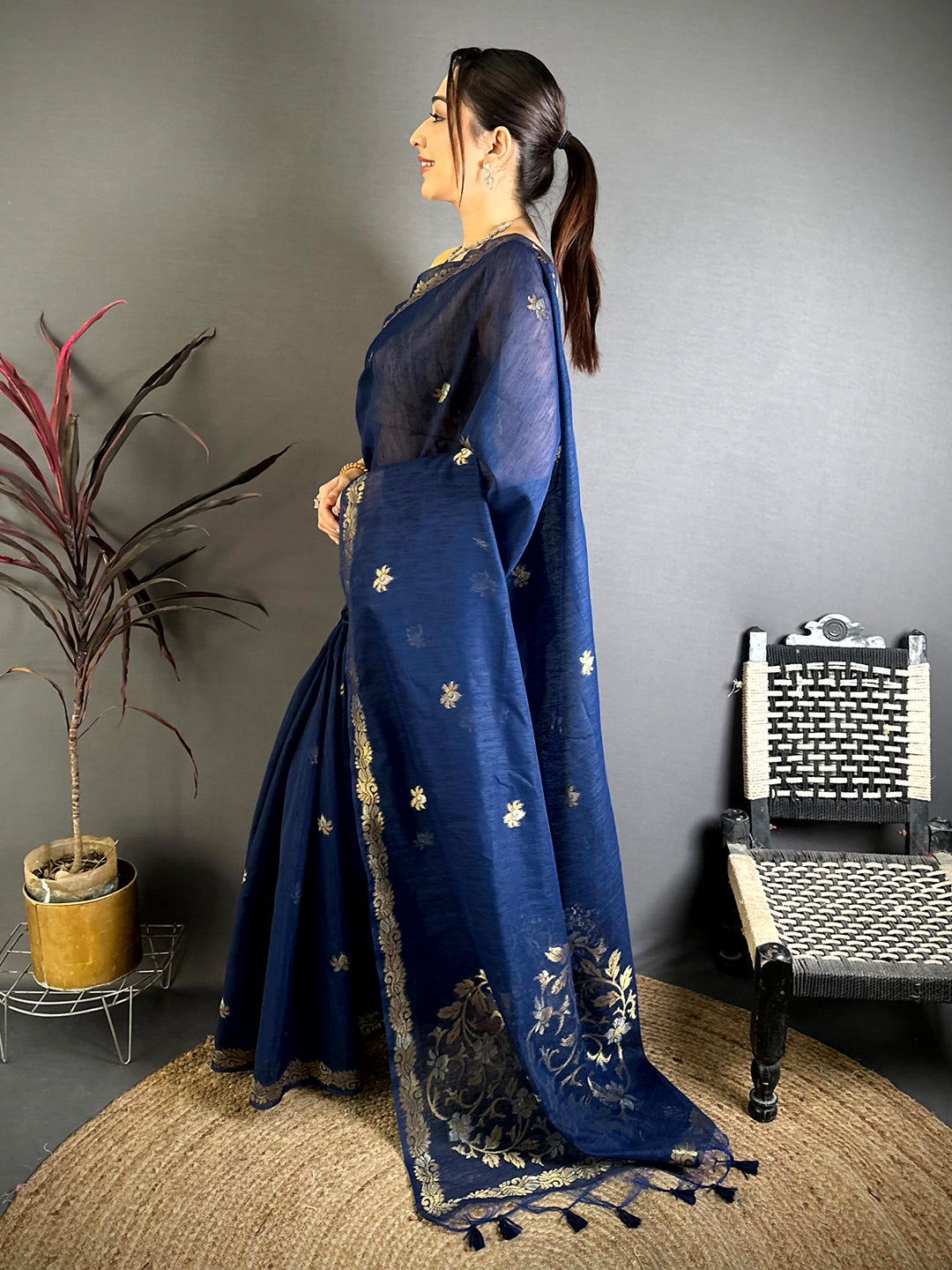 Navy Sona Chandi Muga Cotton Saree