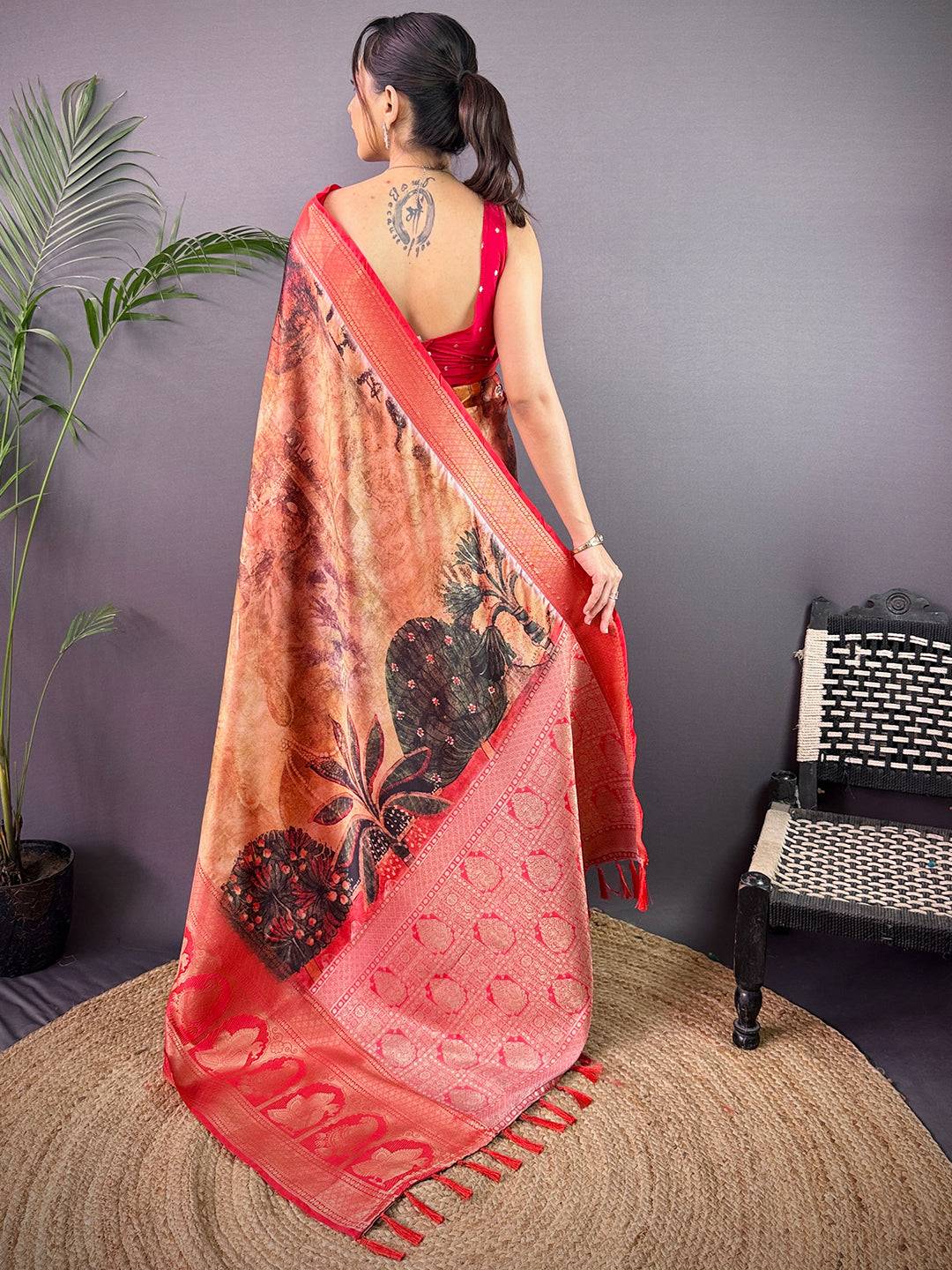 Heritage Soft Cherry Satin Kalamkari Print Saree