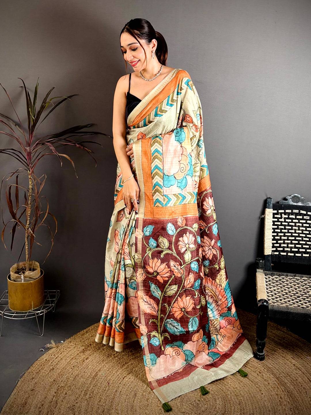 Royal Pen Kalamkari Ghicha Tussar Saree