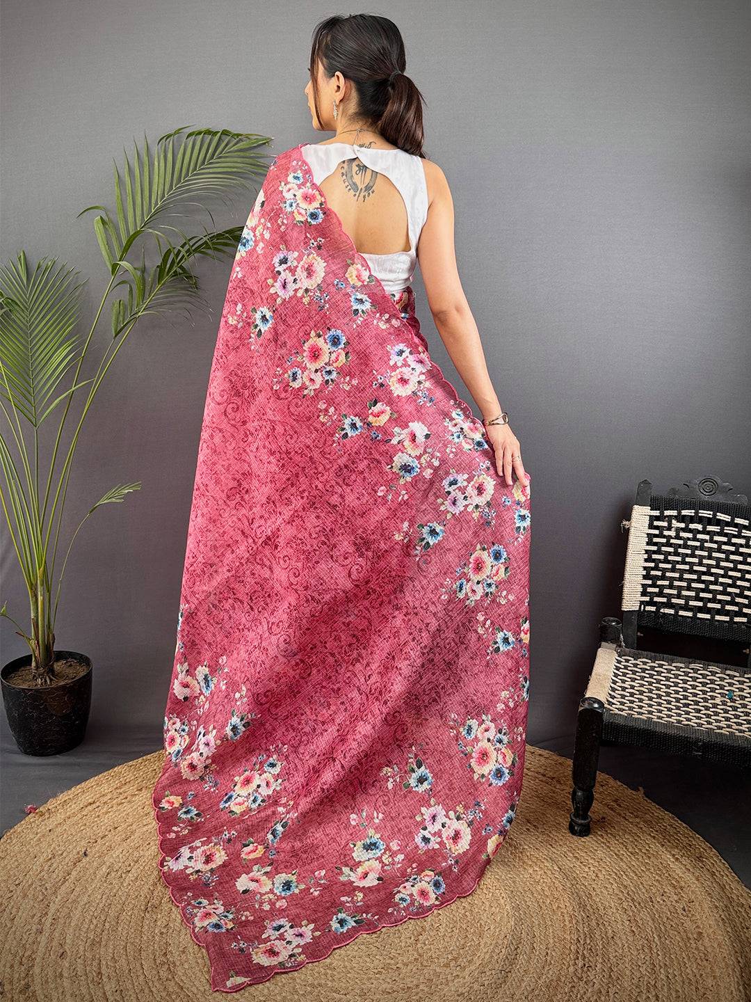 Rose Pink Kota Doriya Floral Cut Work Saree