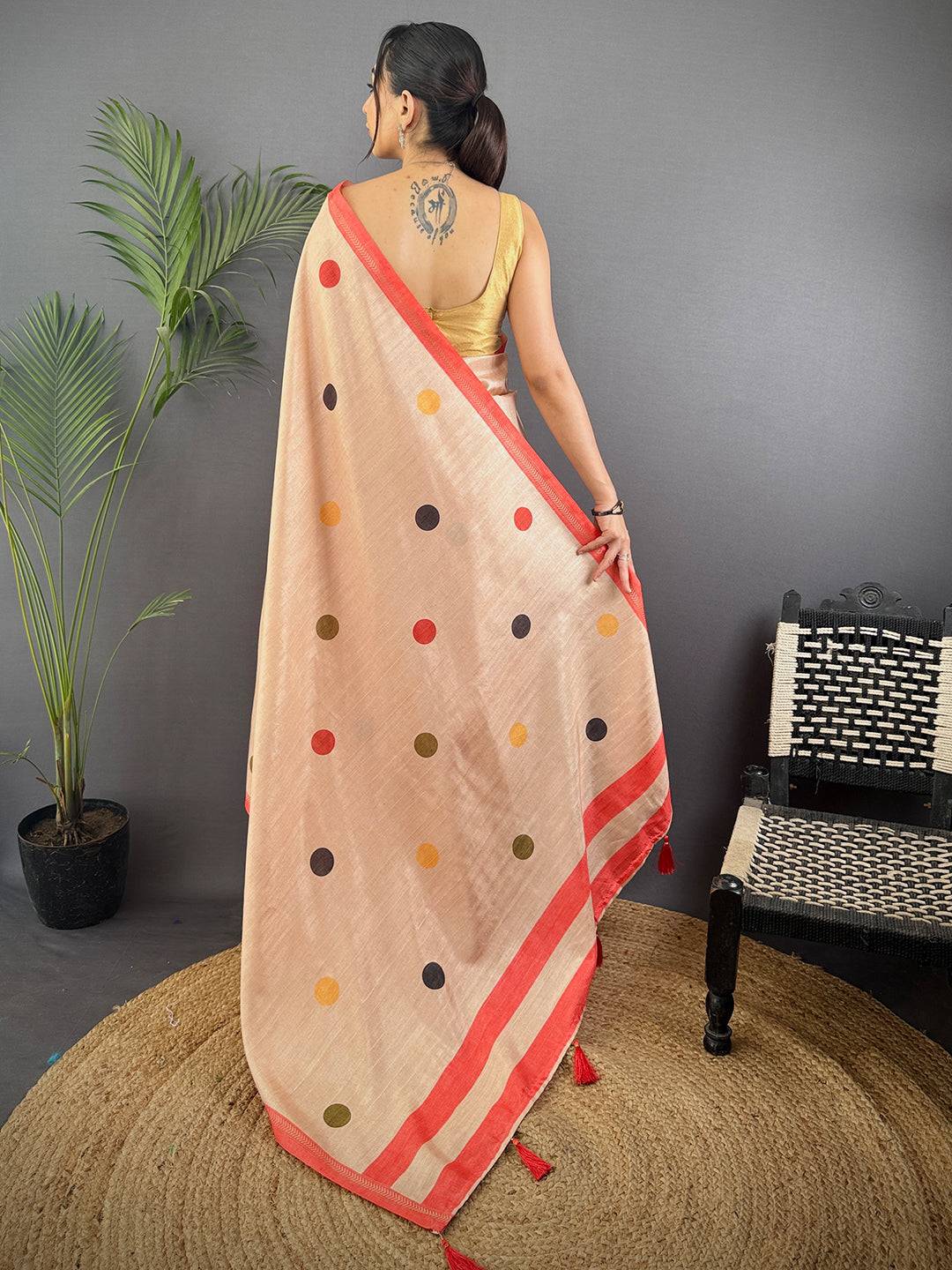 Cream Handloom Ghicha polka Dot Saree