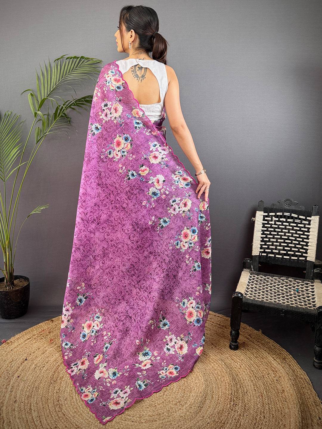 Lilac Purple Kota Doriya Floral Cut Work Saree