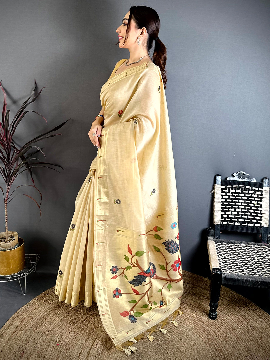 Cream Sunflower Minakari Khadi Saree