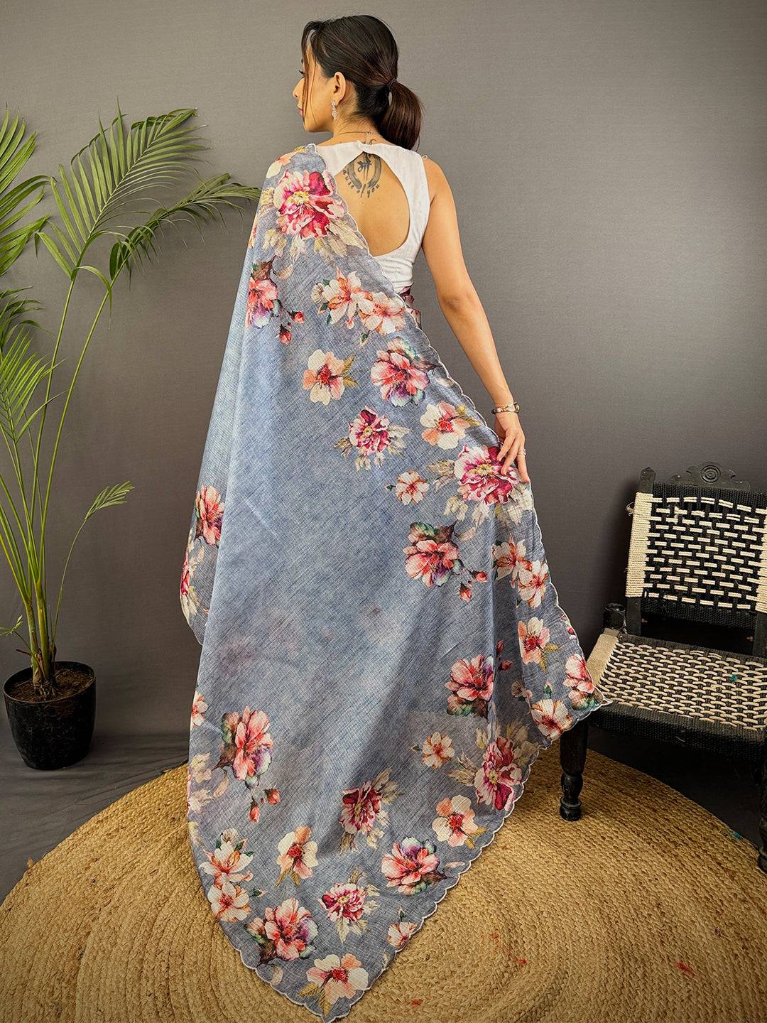 Dusty Blue Kota Floral Digital Cut Work Saree