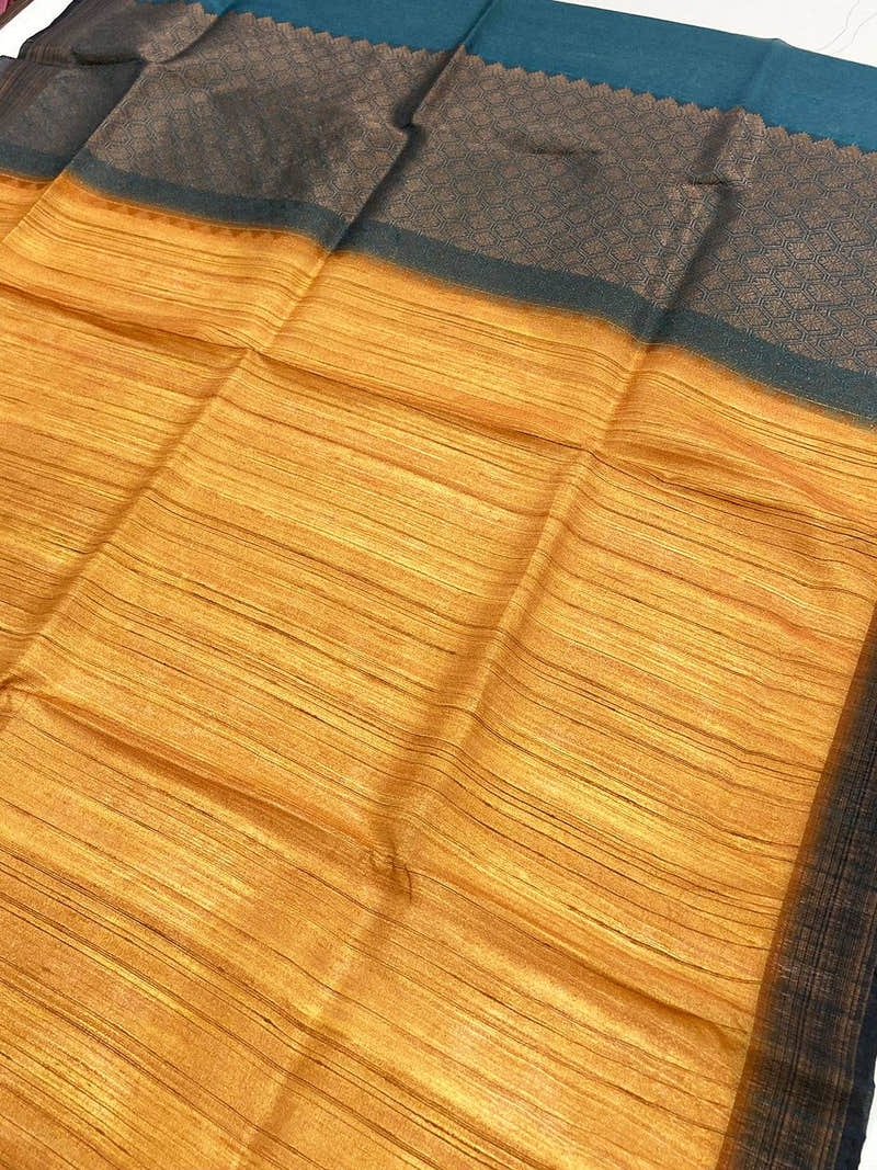 Mustard Tussar Ghicha Print Saree
