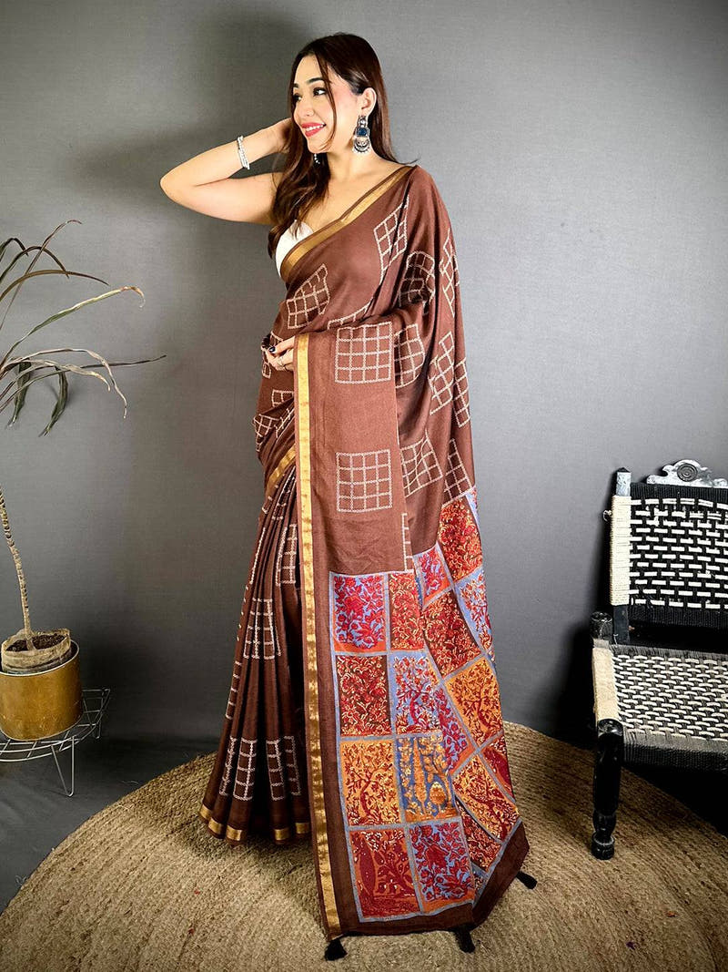 Brown Mul Cotton Kalamkari Print Pallu Saree
