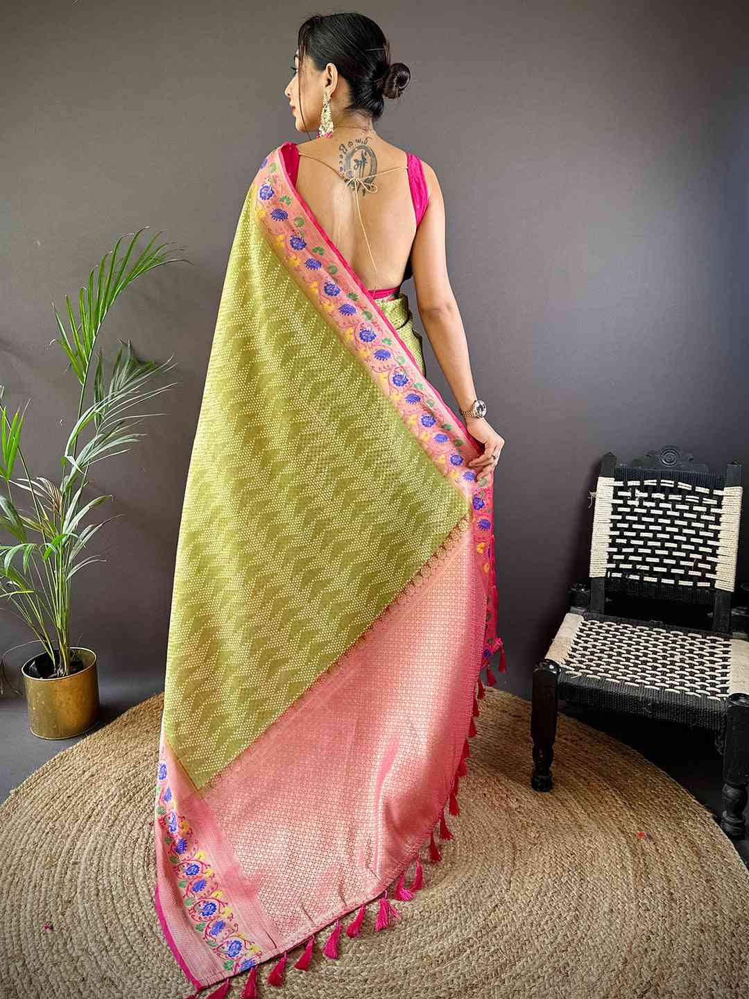 Kora Silk Banarasi Digital Print Saree In Green Colour