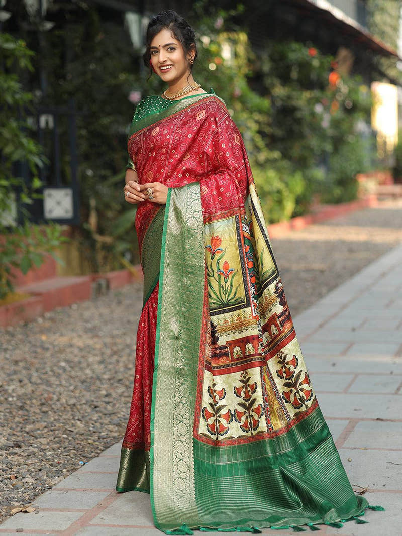 Red Colour Viscose Dola Silk Saree With Mughal Motifs - Luxe