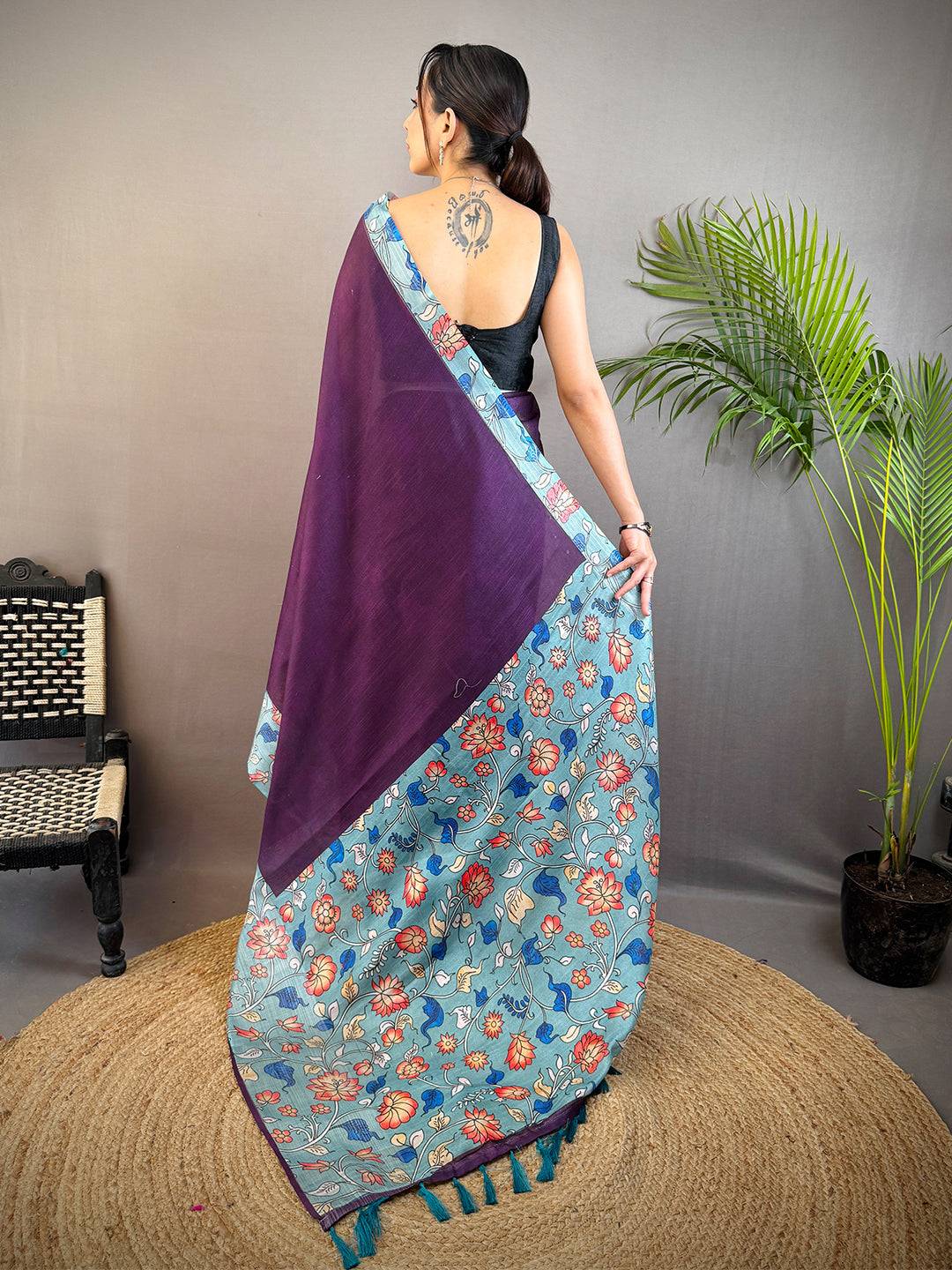 Purple Linen Kalamkari Print Saree