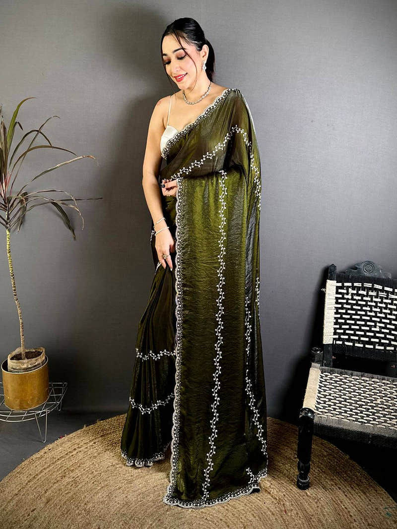 Classic Heavy Pearl Work Satin Zari Saree