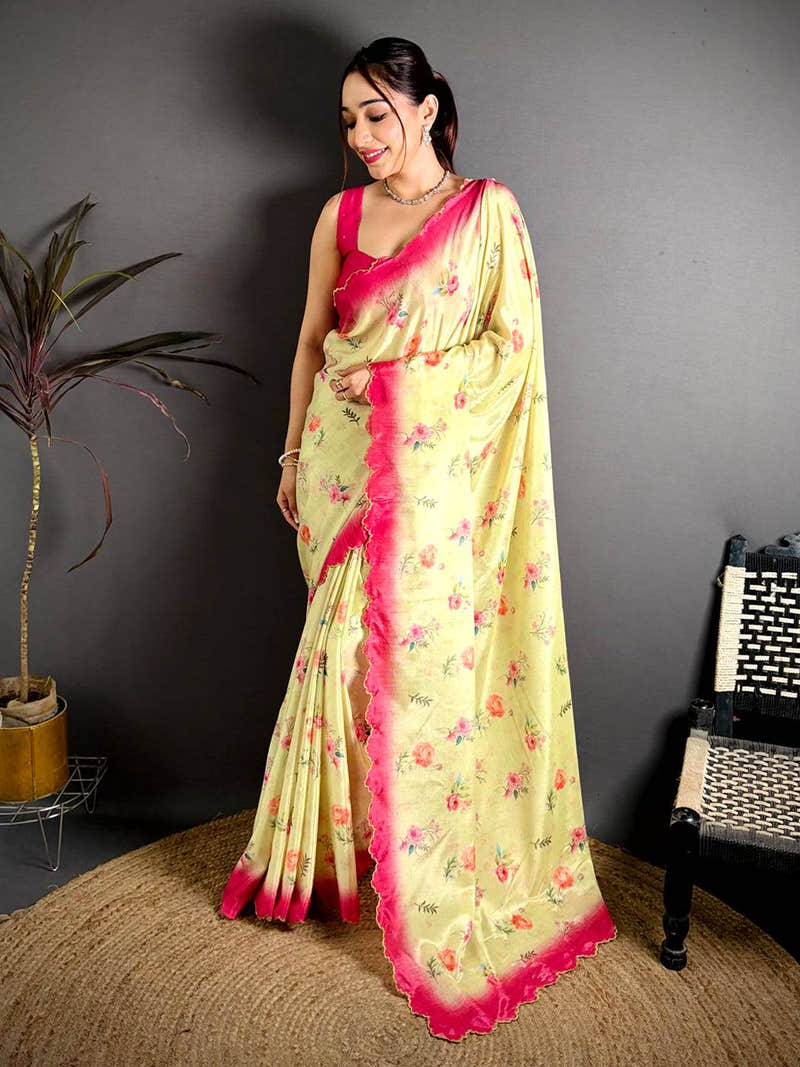 Yellow Chinnon Embroidered Border Saree