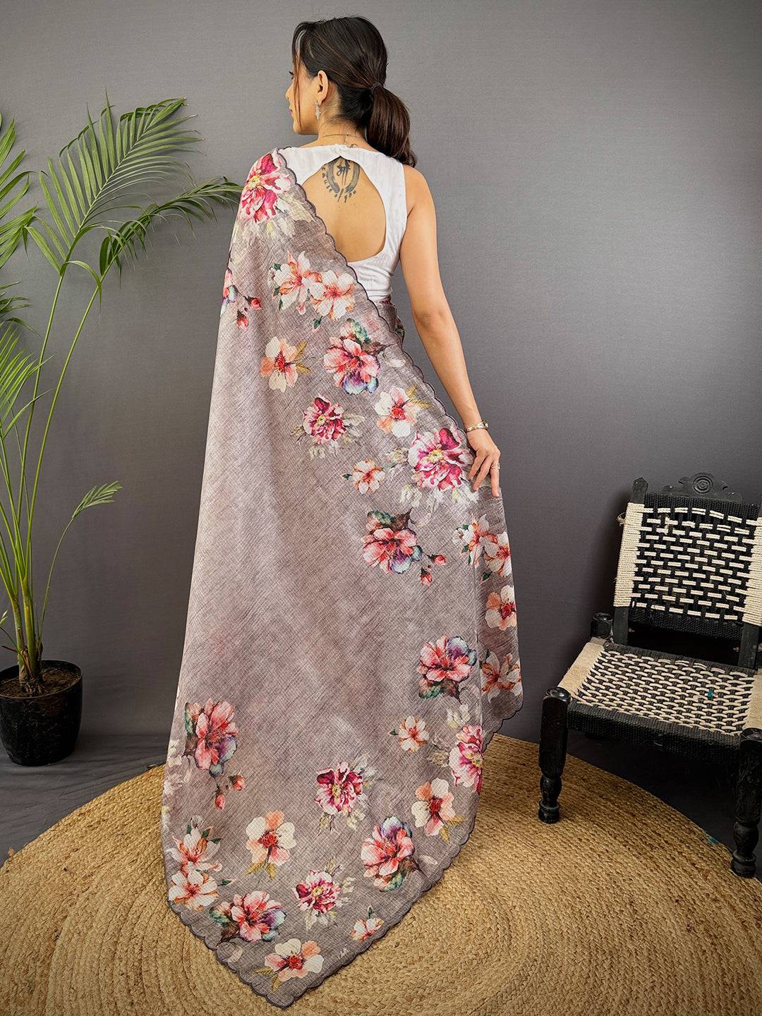 Grey Floral Cut Work Kota Saree