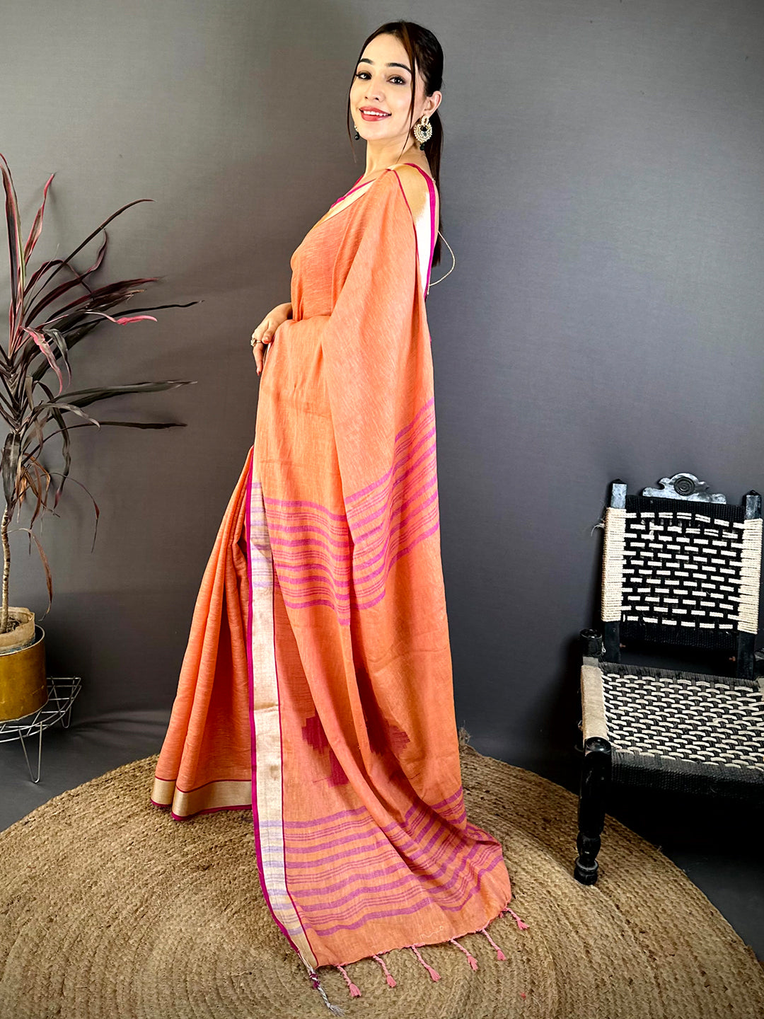 Orange Linen 60 Count Silver Zari Saree