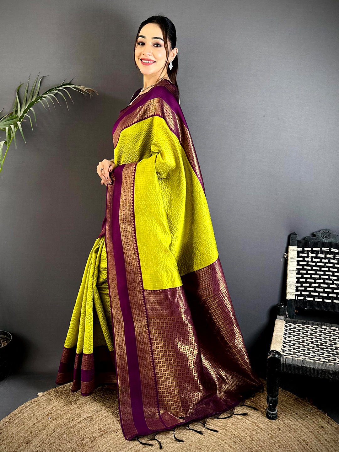 Lime Banarasi Katan Silk Saree