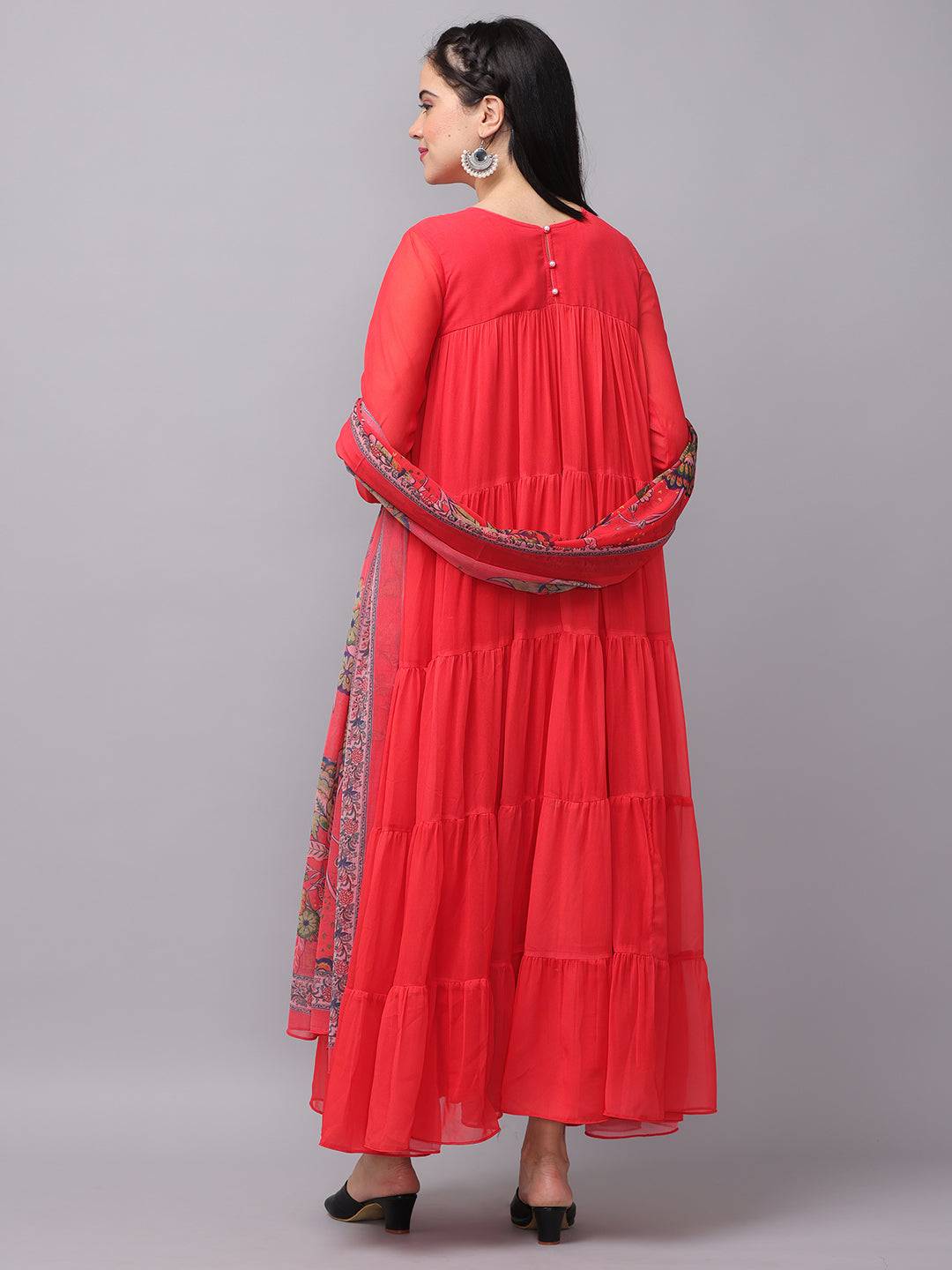 Fiery Red Churidar Sleeves Dress back view