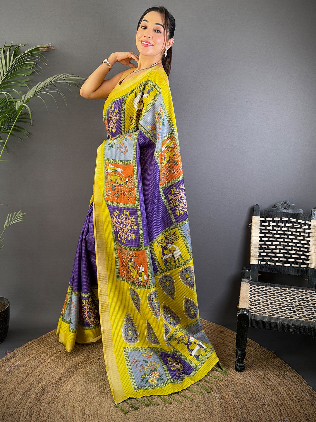 Royal Blue Tussar Kalalmkari Print Saree