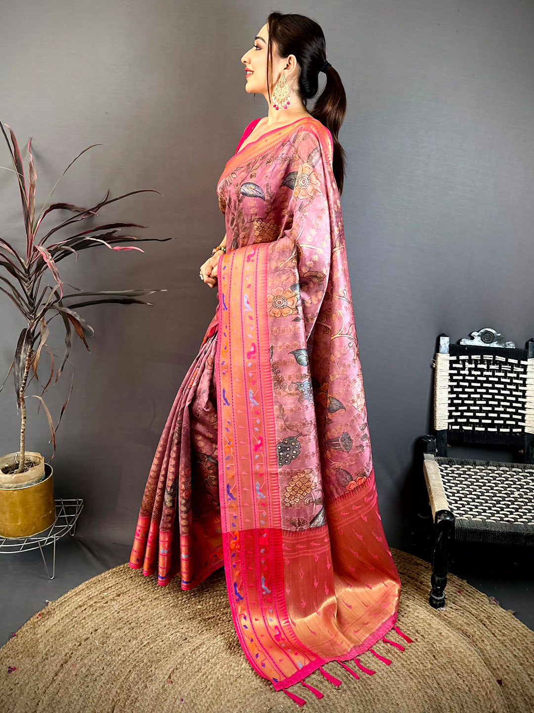 Dull Pink Paithani Border Kora Tissue Saree
