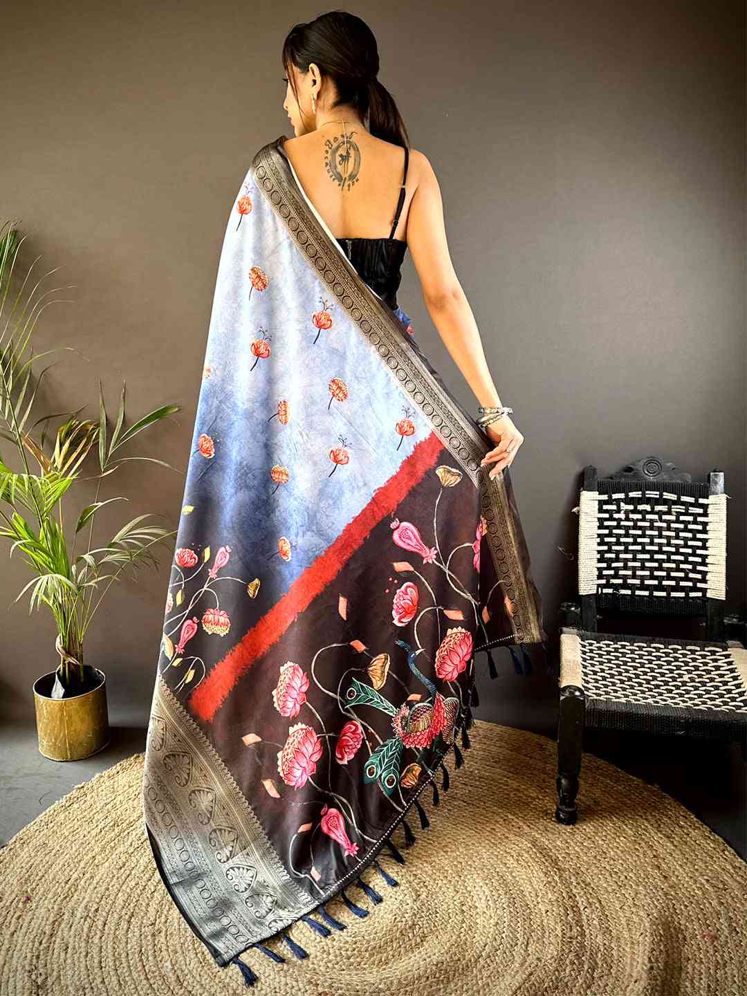 Serene Blue Soft Silk Floral Ombre Print Saree