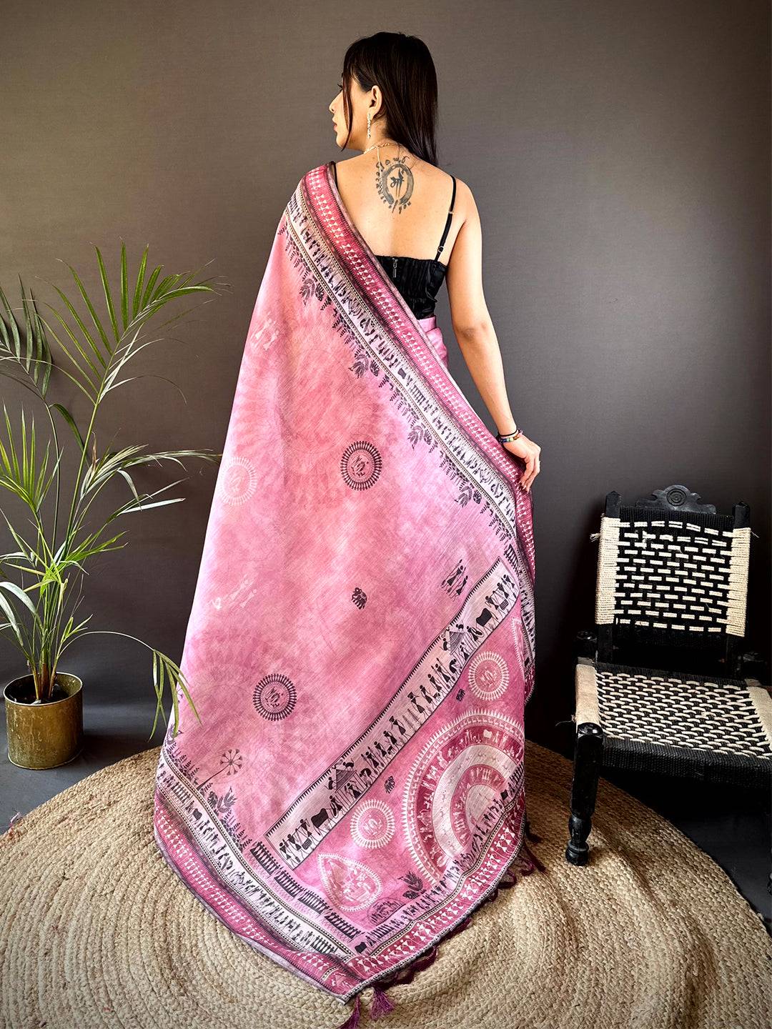 Blush Pink Warli Print Tissue Chanderi Saree