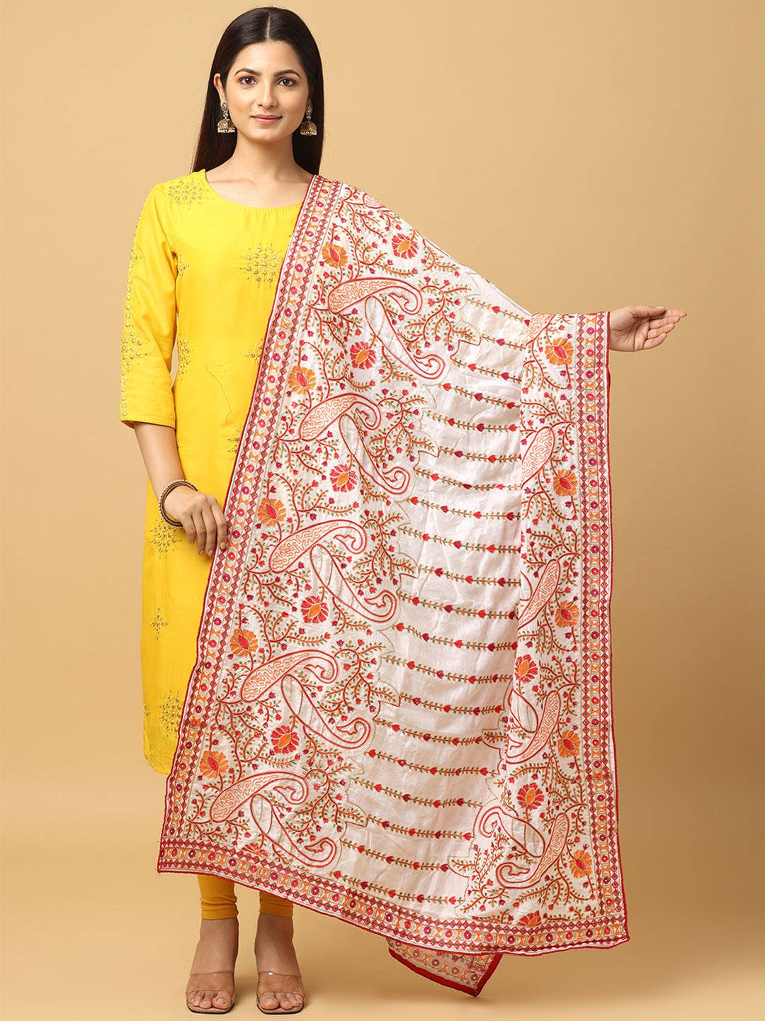 White Poly Chiffon Pashmina Dupatta with Threadwork