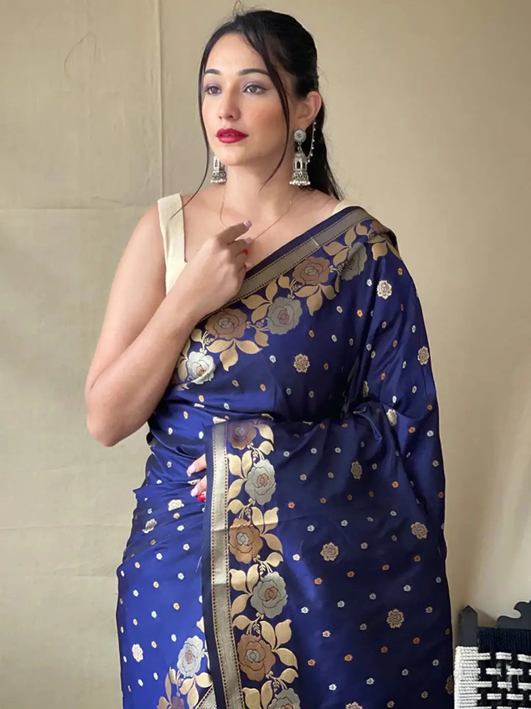 Navy Blue Banarasi Silk Saree with Zari Floral Weaves